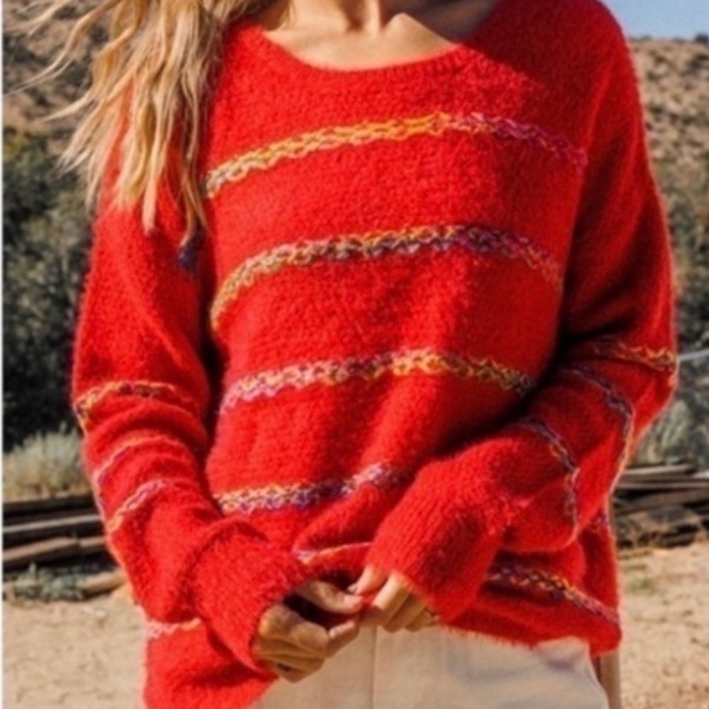CES FEMME RED MULTI STRIPE FUZZY SWEATER